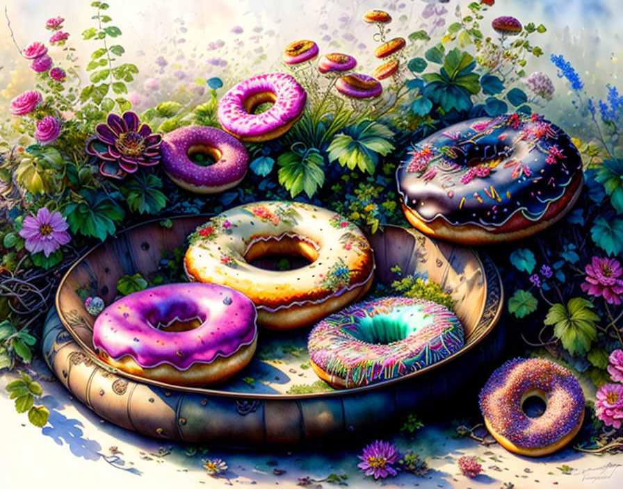 Vibrant Donuts on Wooden Plate in Colorful Garden