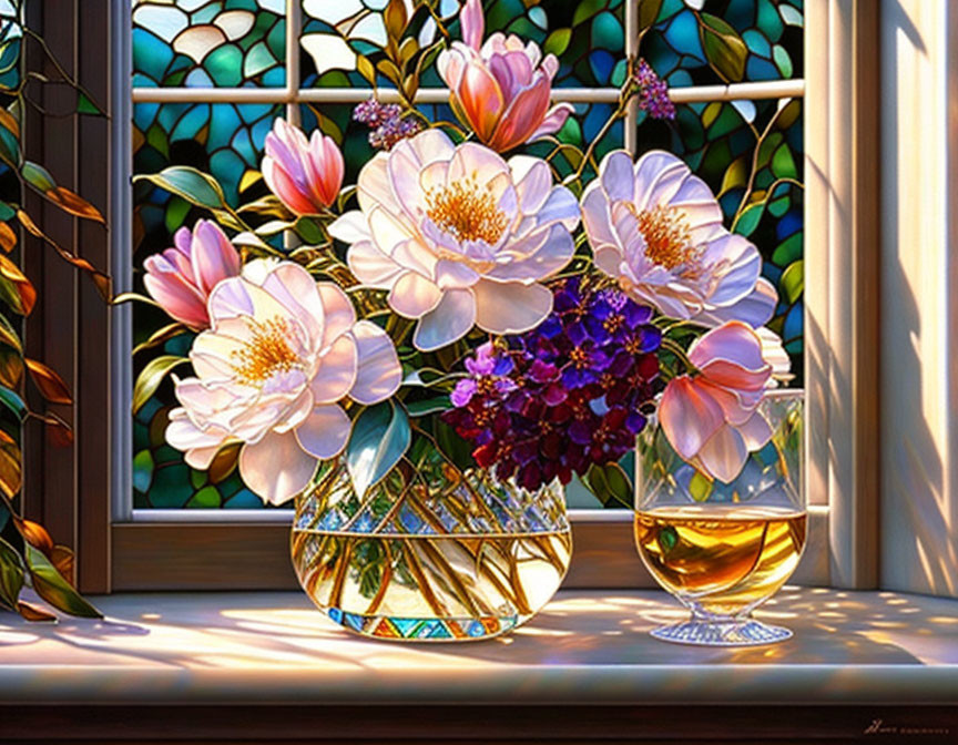 Colorful Flower Bouquet and Glass Vase on Sunlit Windowsill