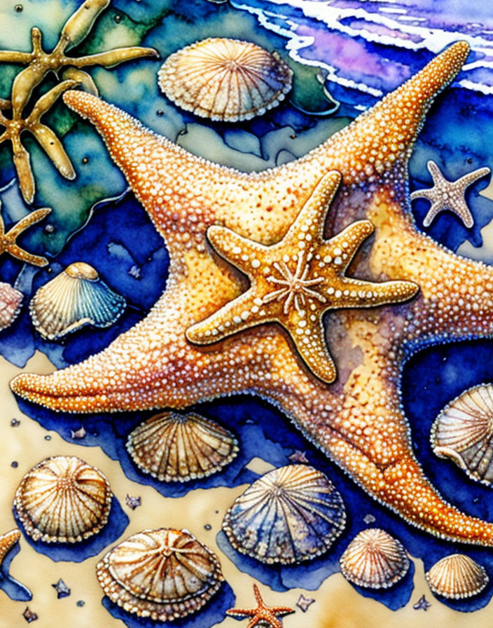 Vibrant Starfish and Seashells in Blue Watercolor