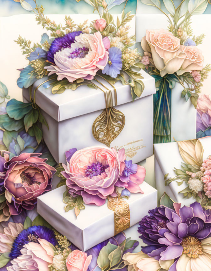 Elegantly wrapped gifts with colorful flowers and gold accents