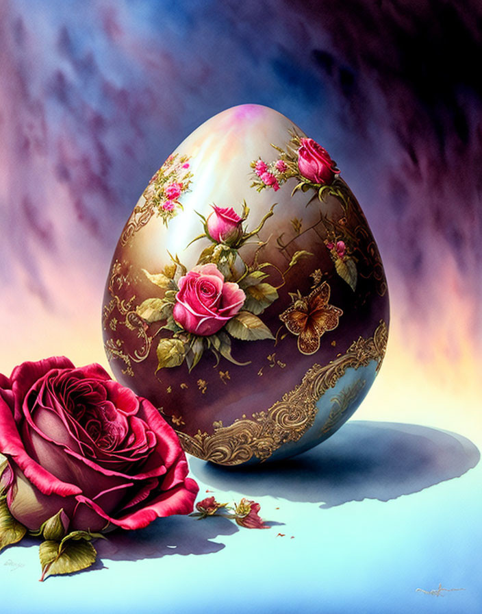 Ornate egg with floral and butterfly motifs next to vibrant red rose on blurred blue and pink background