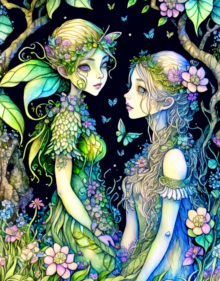 Ethereal fairies with floral adornments in dark foliage landscape