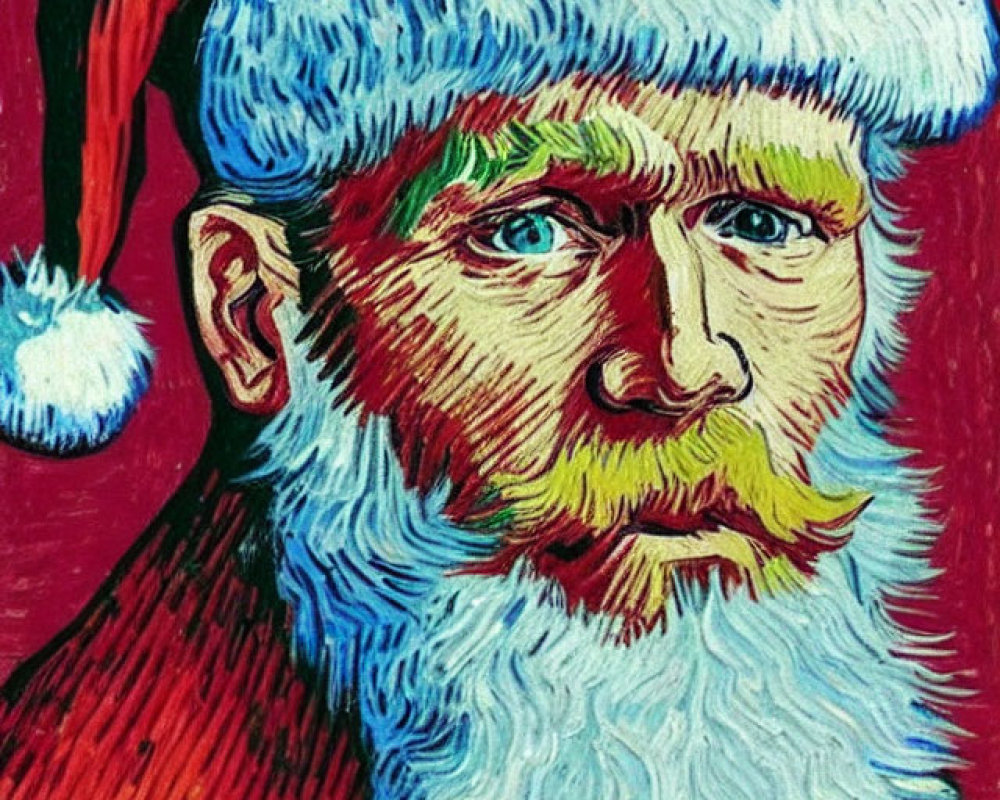 Colorful Painting: Bearded Man in Santa Hat with Van Gogh-Inspired Brushstrokes