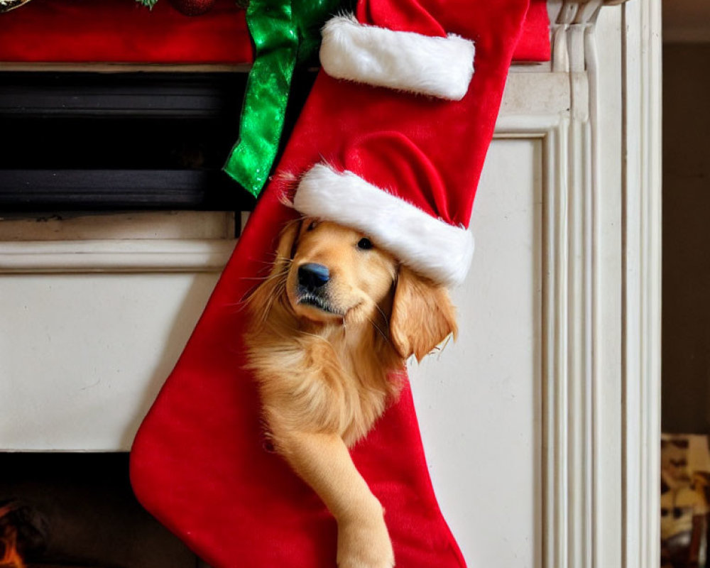 Golden retriever puppy in Santa hat emerges from red Christmas stocking on festive mantelpiece