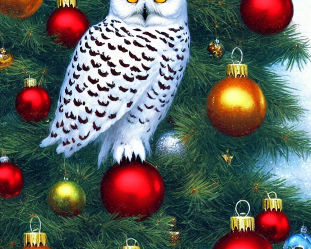 Snowy Owl on Decorated Christmas Tree with Red and Gold Baubles