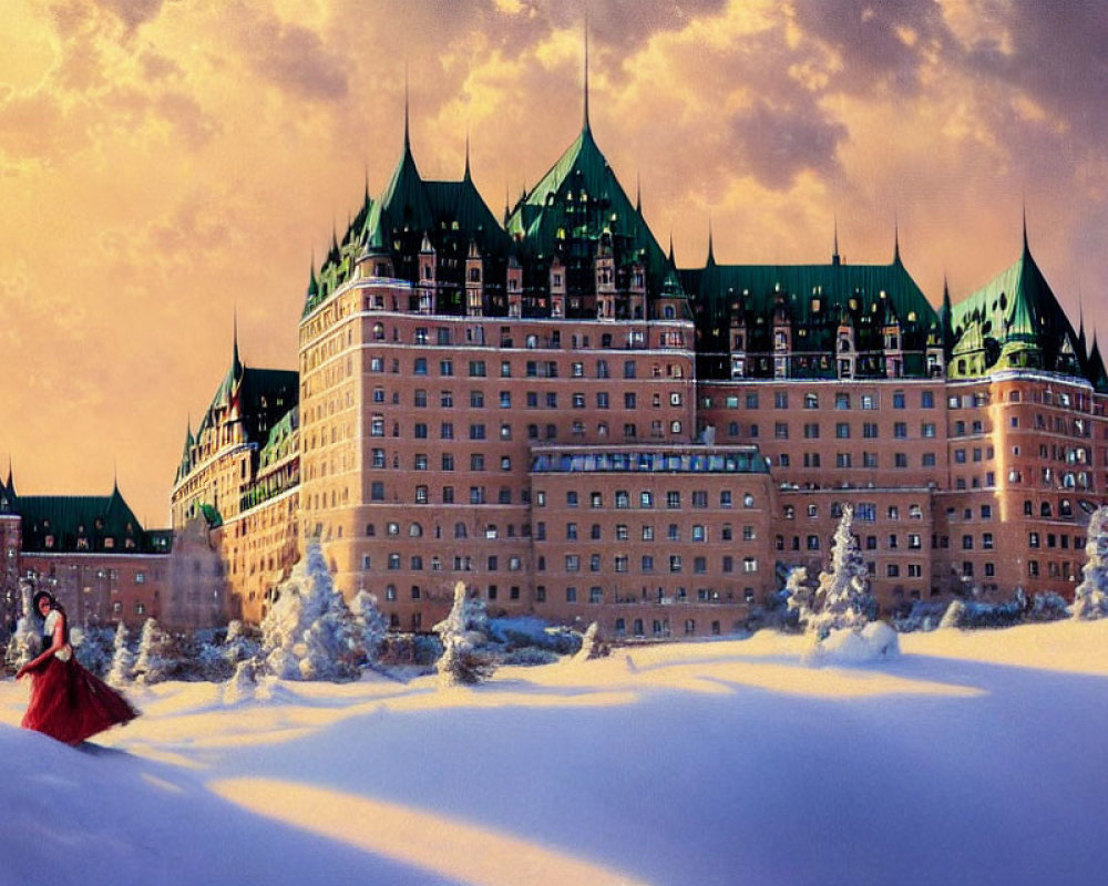 Historic hotel with green roofs under pink winter sky, person in red dress walking in snow