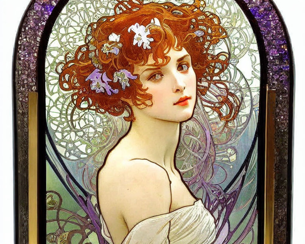 Art Nouveau Woman Illustration with Red Hair and Floral Adornments