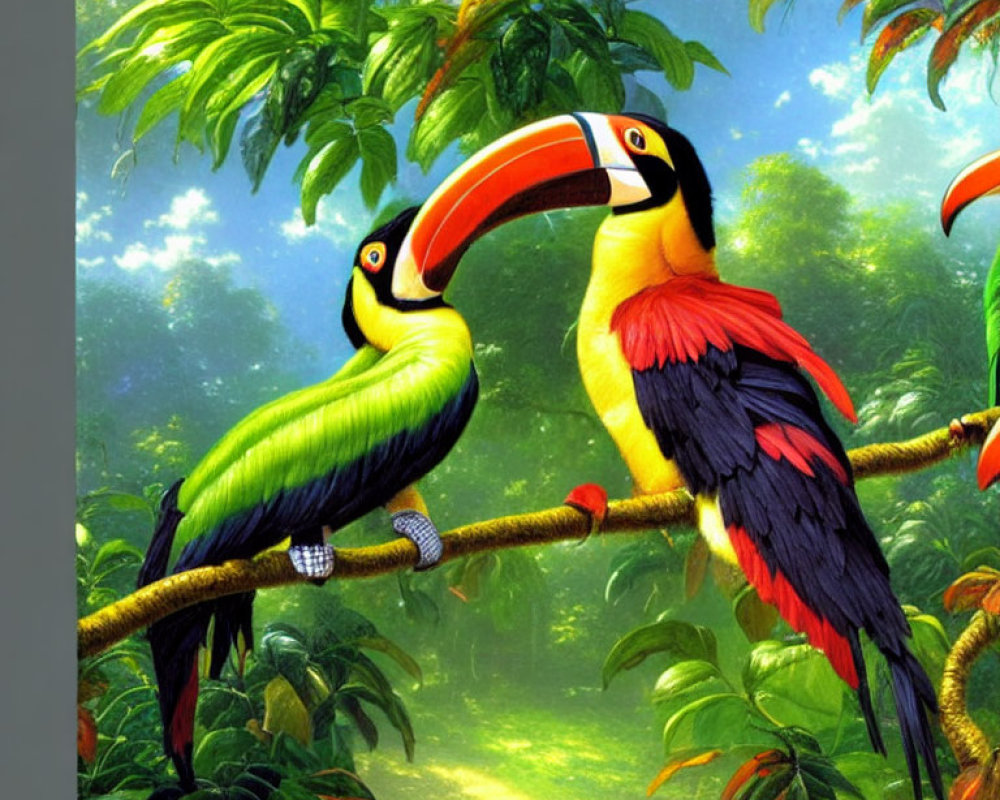 Vibrant jungle scene with colorful toucans perched on branch