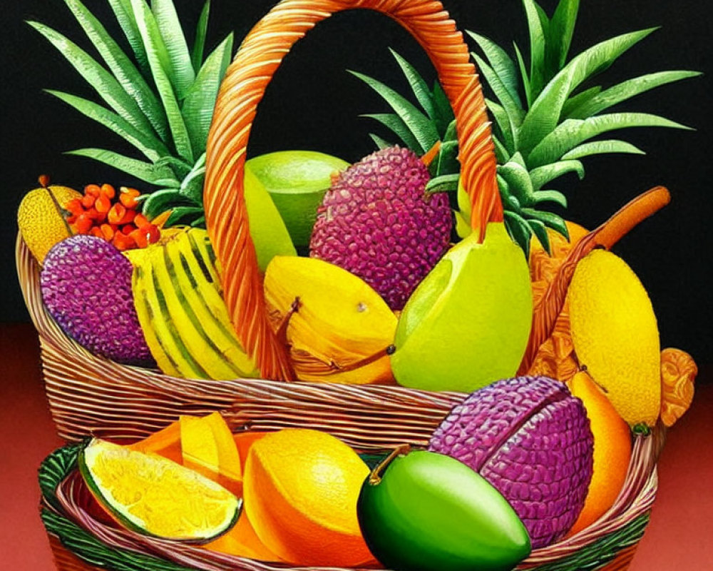 Vibrant Tropical Fruits in Colorful Wicker Basket