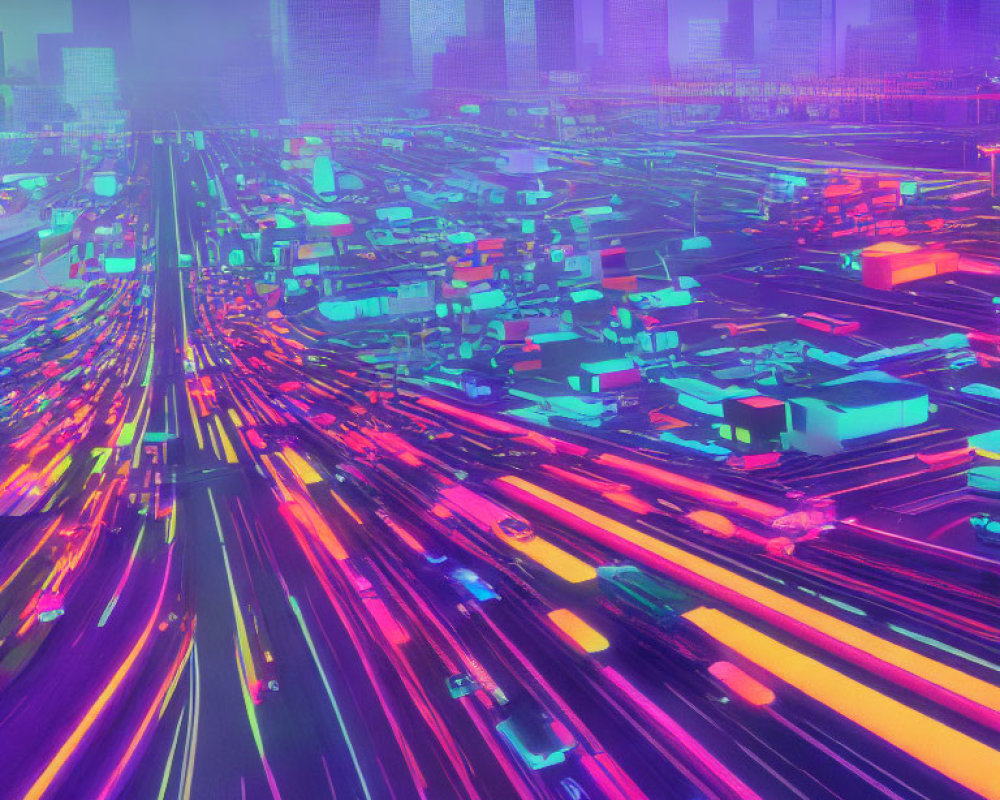 Futuristic cityscape digital art with neon light streaks