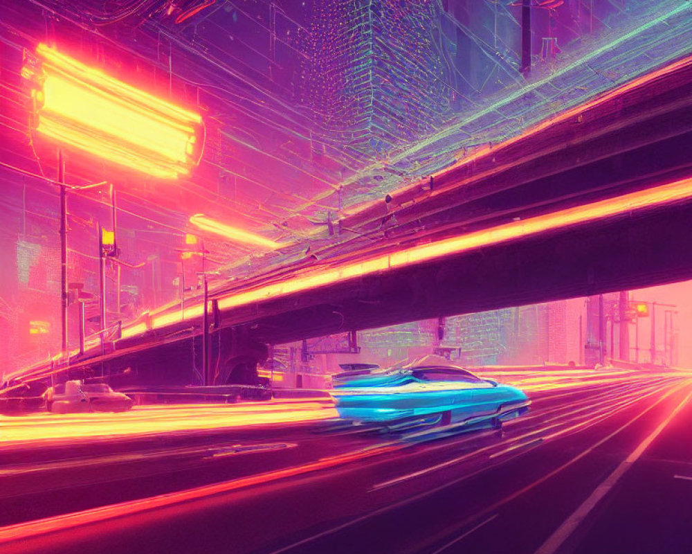 Futuristic cyberpunk cityscape at night with neon lights and flying cars