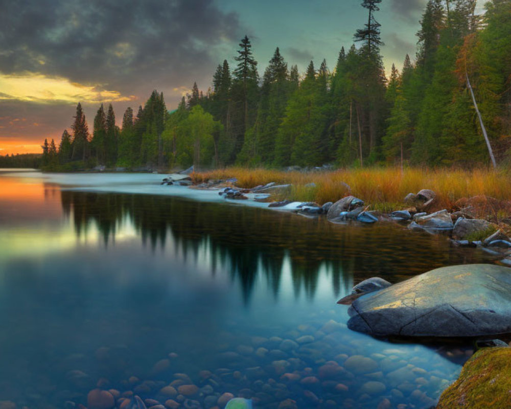 Serene Sunset Lake Reflecting Forest and Rocks