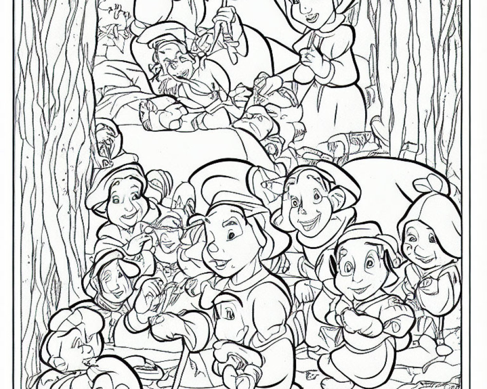 Seven dwarfs and Snow White coloring page in forest setting