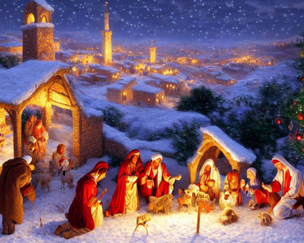 Detailed Nativity Scene with Christmas Tree in Snowy Village