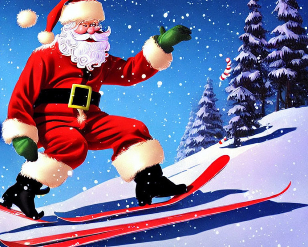 Santa Claus skiing on snowy slope with evergreen trees & blue sky