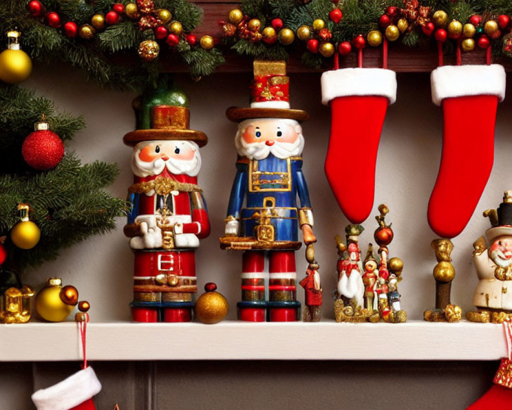 Decorated Christmas Mantle with Garlands, Baubles, Nutcrackers, and Stockings