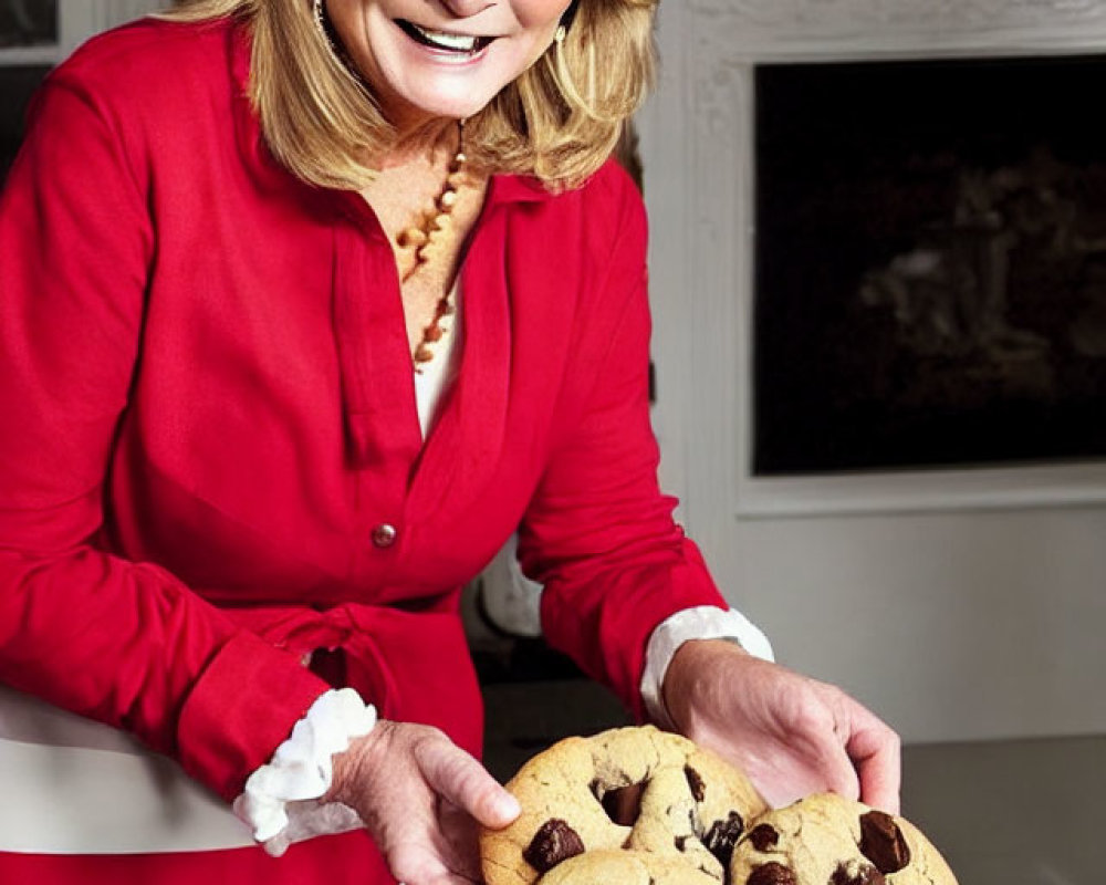 Smiling woman in red jacket with striped apron holding chocolate chip cookies