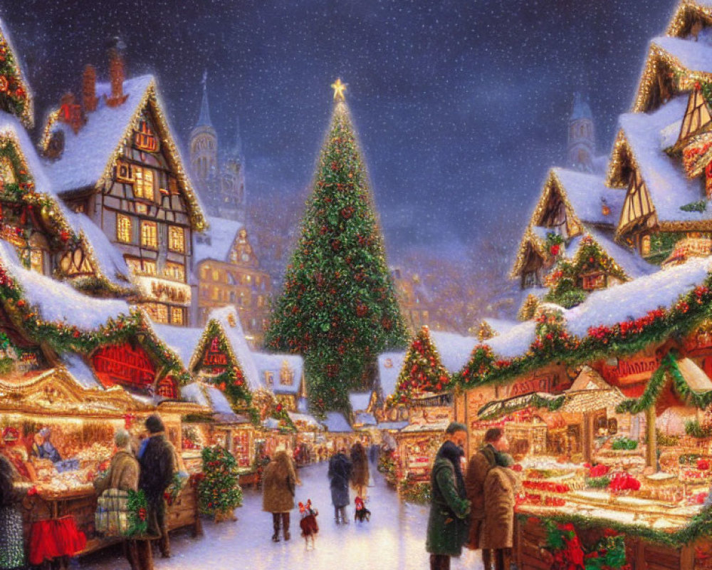 Festive Christmas Market with Twinkling Lights and Snowfall