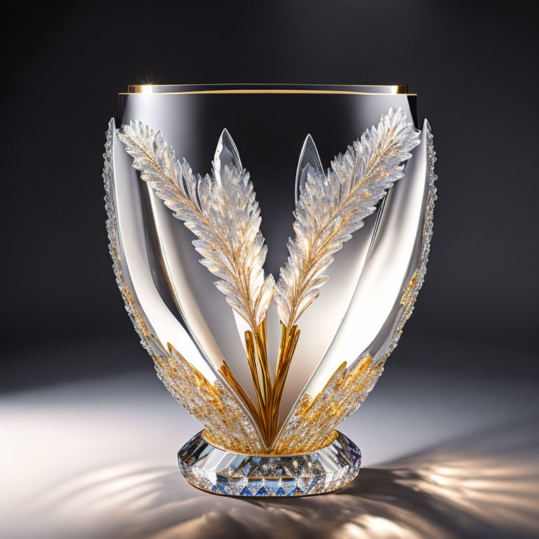 Luxurious Crystal Vase with Gold and White Leaf Patterns on Dark Background