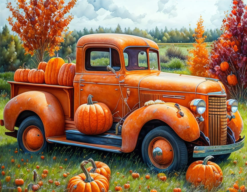 Vintage Orange Truck Laden with Pumpkins in Autumn Scene