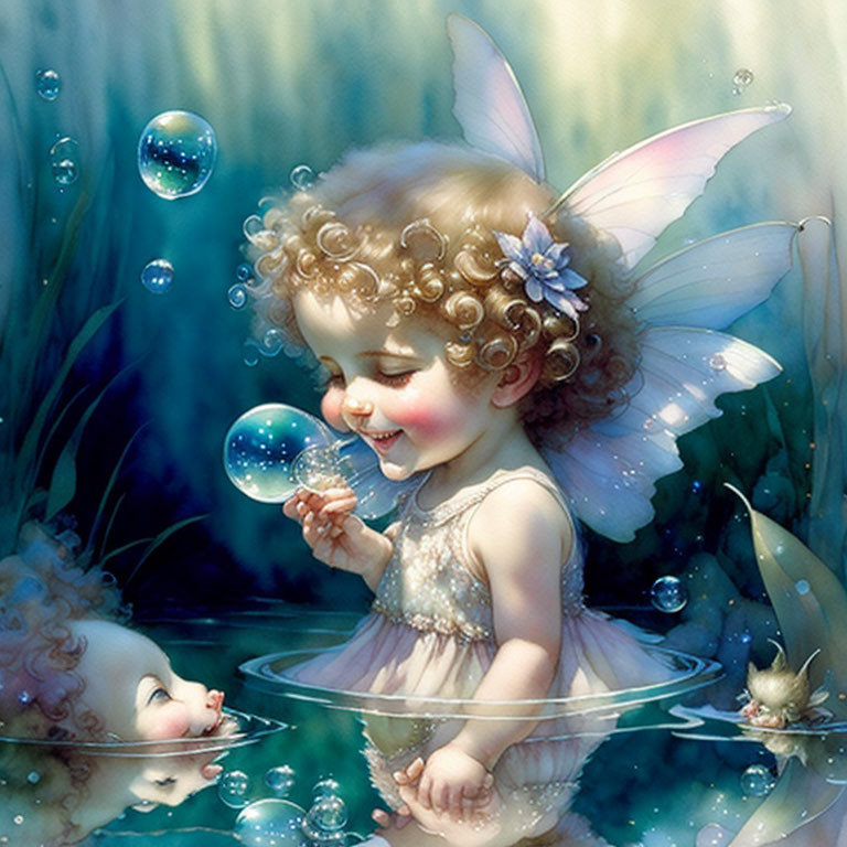 Young fairy with curly hair and translucent wings playing with bubbles in enchanted forest