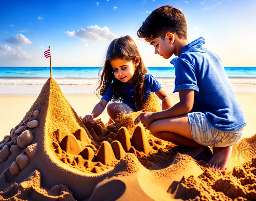 Children building sandcastle with American flag on sunny beach