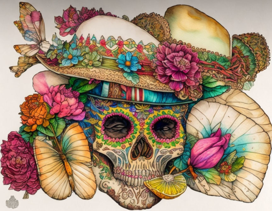 Colorful Day of the Dead skull with floral patterns and sombrero