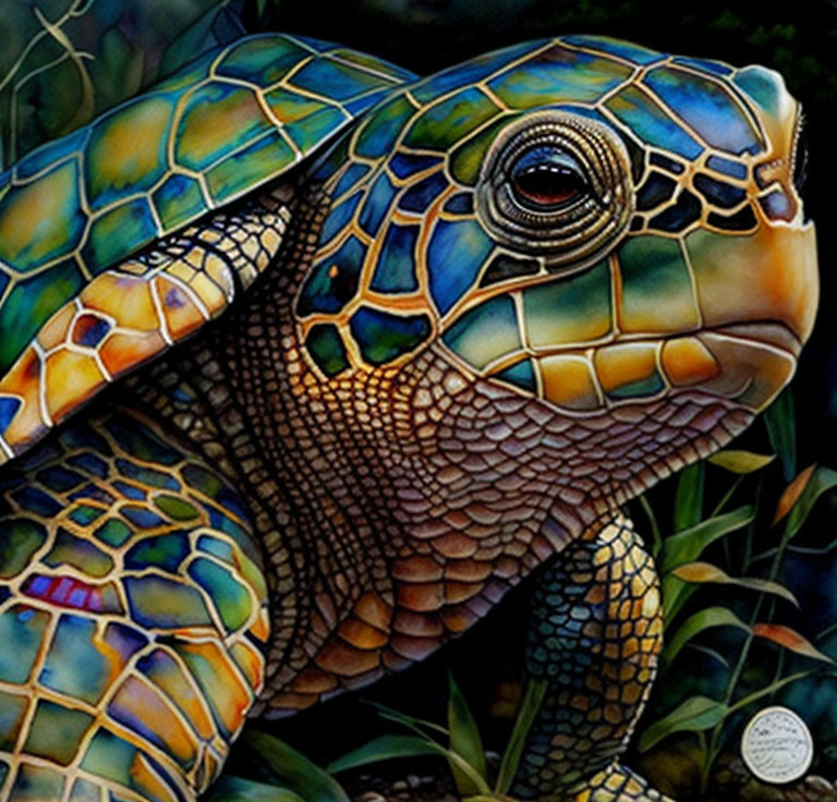 Colorful close-up painting of a turtle with intricate shell and skin texture on dark background.