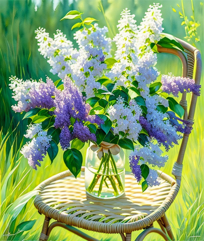 Purple and White Lilac Flowers in Vase on Wicker Chair in Sunlit Greenery