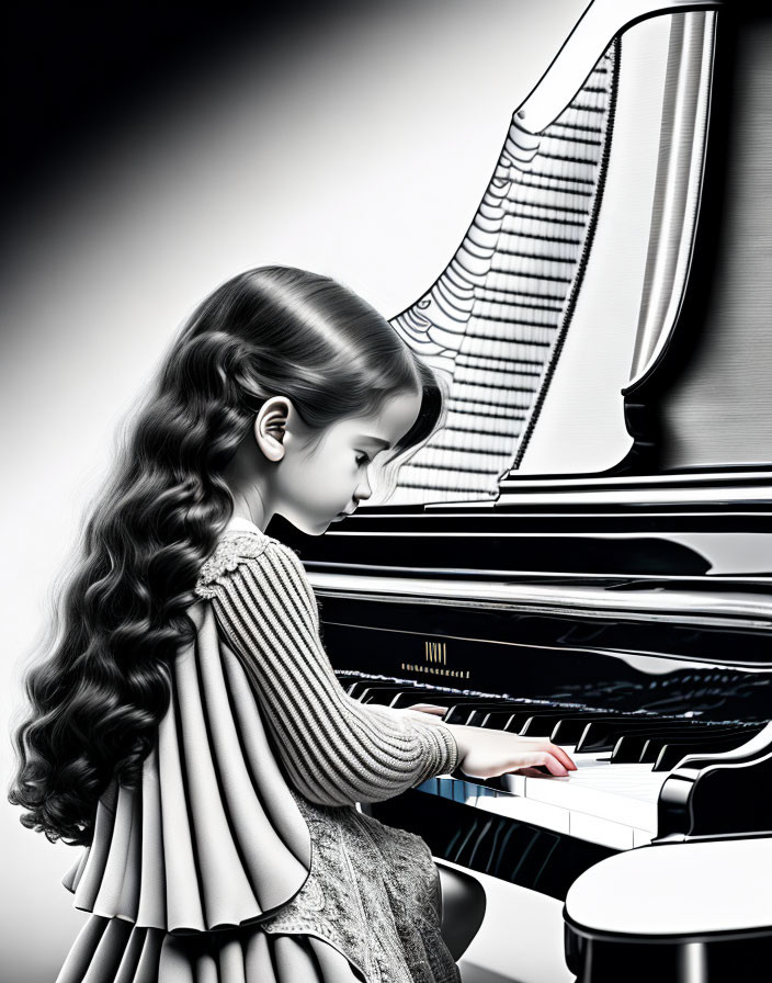 Young girl playing black grand piano with long hair