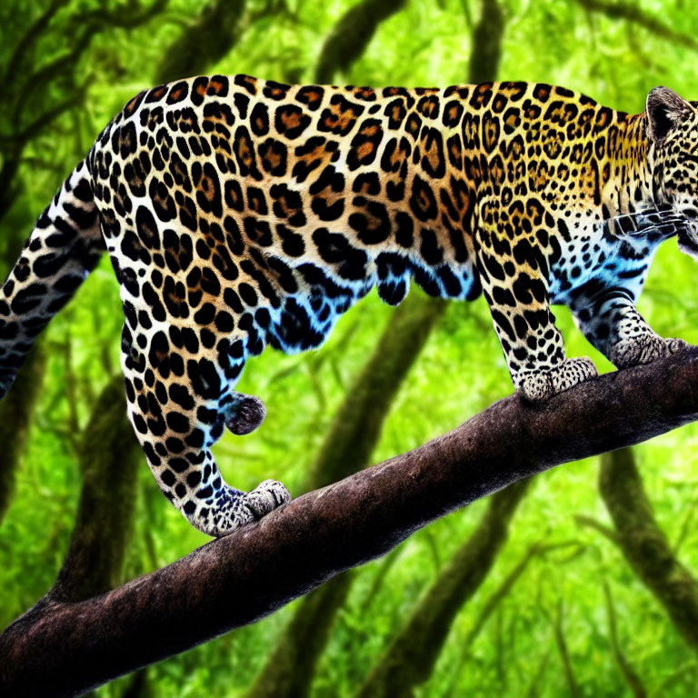 Majestic leopard perched on tree branch in lush forest scene