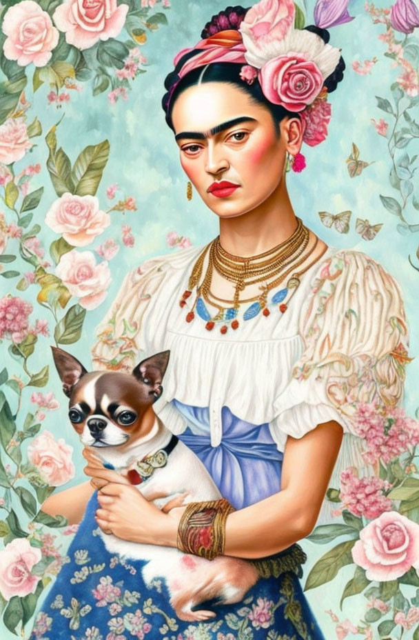 Portrait of woman with unibrow in white blouse and blue skirt, holding small dog against floral backdrop