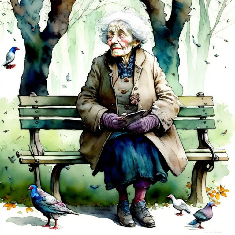 Elderly woman on park bench with trees and pigeons, wearing coat and scarf