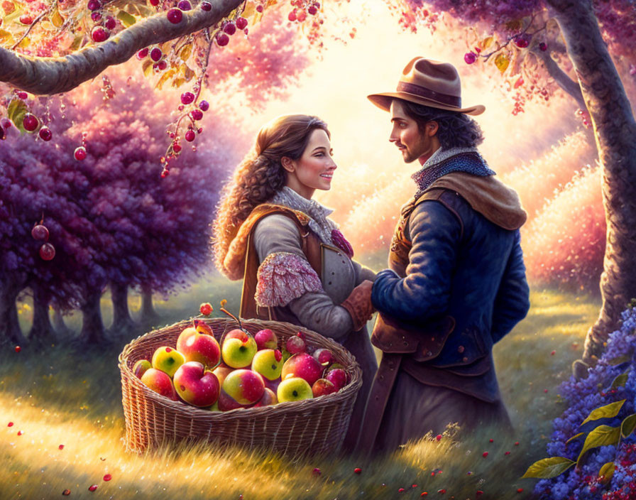 Romantic digital artwork: Couple in vintage clothing in apple orchard