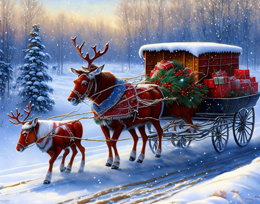 Festive horse-drawn sleigh with presents in snowy landscape