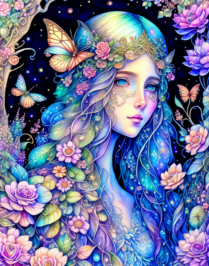 Colorful woman with blue hair, flowers, jewels, and butterflies on starry backdrop