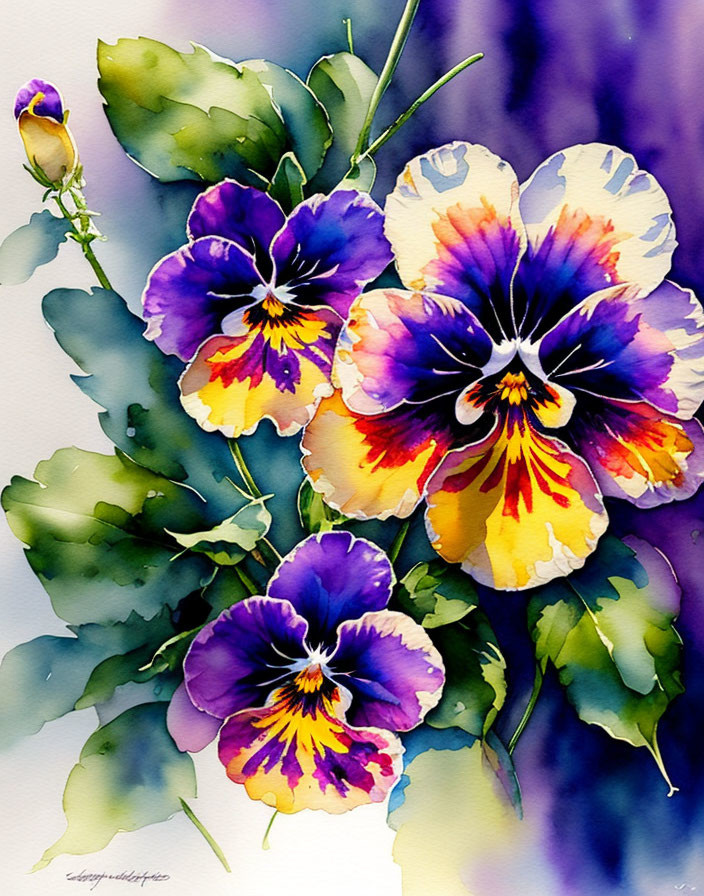 Colorful watercolor painting of purple, yellow, and white pansies