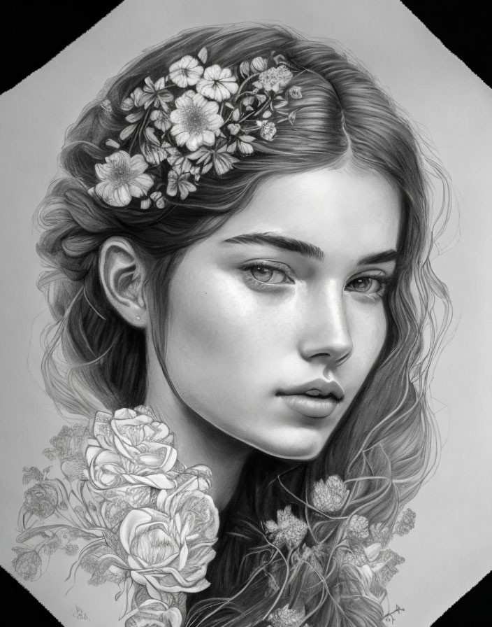 Detailed pencil drawing of young woman with floral hair adornments and rose bouquet