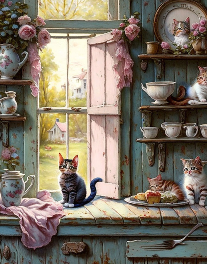 Multiple Cats by Open Window with Teacups and Cake in Cozy Scene