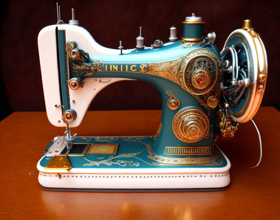 Vintage Turquoise and Gold Ornate Sewing Machine on Wooden Table