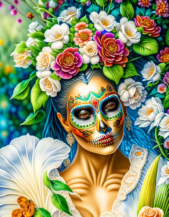 Colorful Day of the Dead themed illustration with skull-faced figure and floral crown