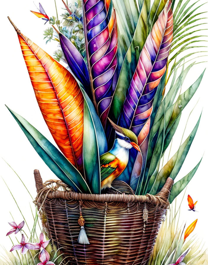 Colorful Bird Illustration in Wicker Basket with Oversized Feathers and Butterflies