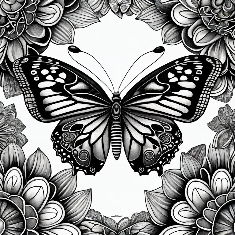 Detailed black and white butterfly surrounded by ornate flowers in symmetrical design