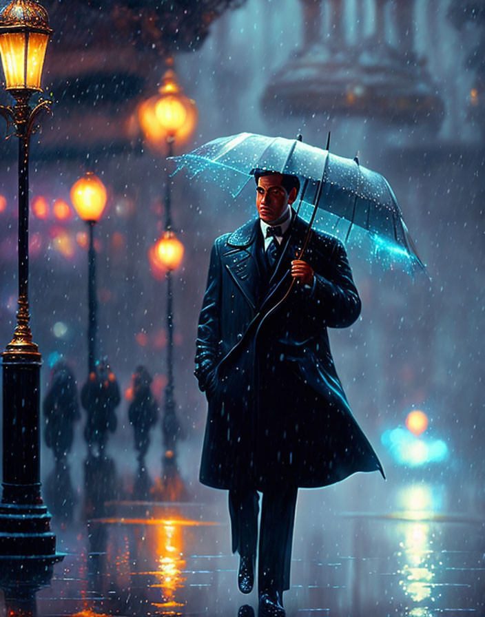 Man in trench coat with umbrella on rainy, illuminated street