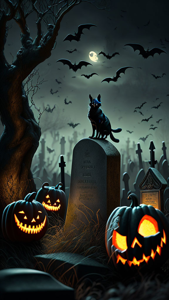 Black Cat on Tombstone in Spooky Cemetery with Jack-o'-lanterns, Full Moon,