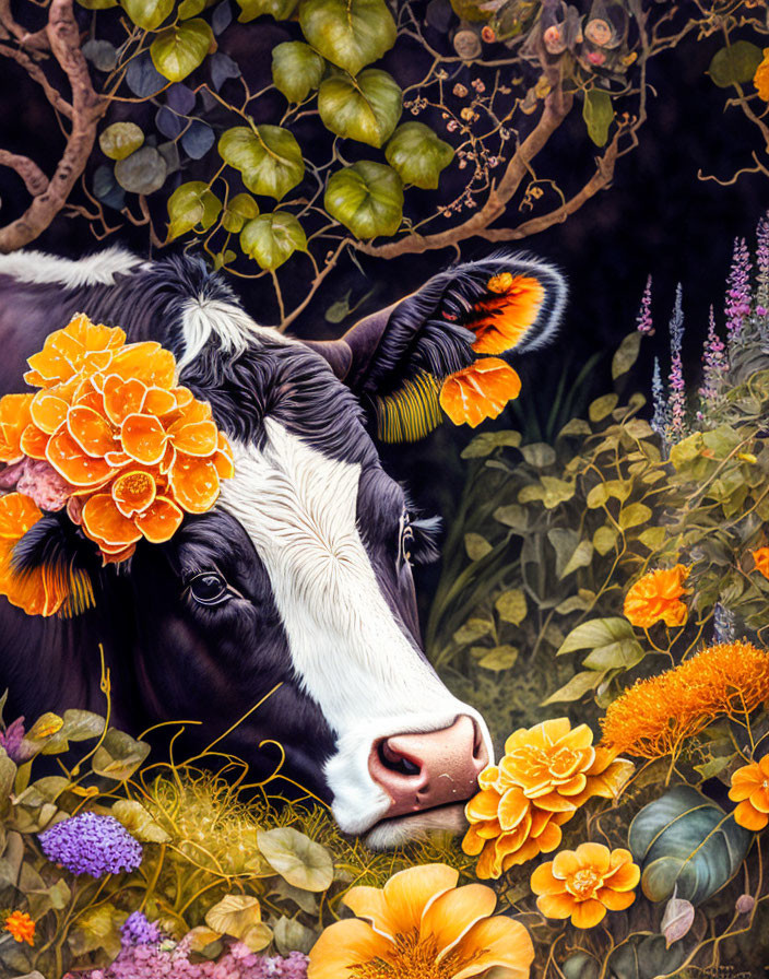 Vibrant cow illustration with floral crown in colorful garden