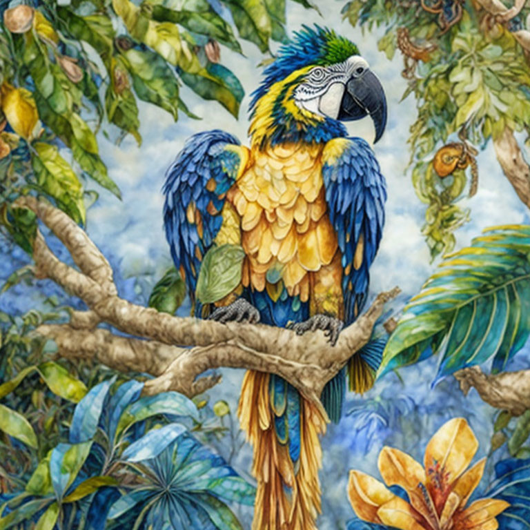 Vibrant blue and yellow macaw on tree branch with green foliage and cloudy sky