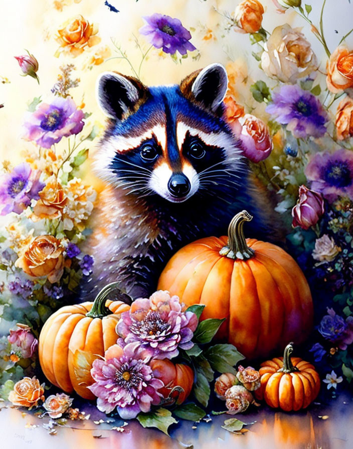 Colorful Painting of Raccoon Among Pumpkins and Flowers