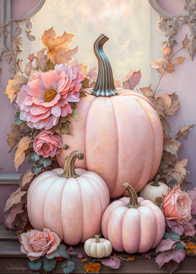 Pink pumpkins, autumn leaves, and pastel flowers in dreamy setting