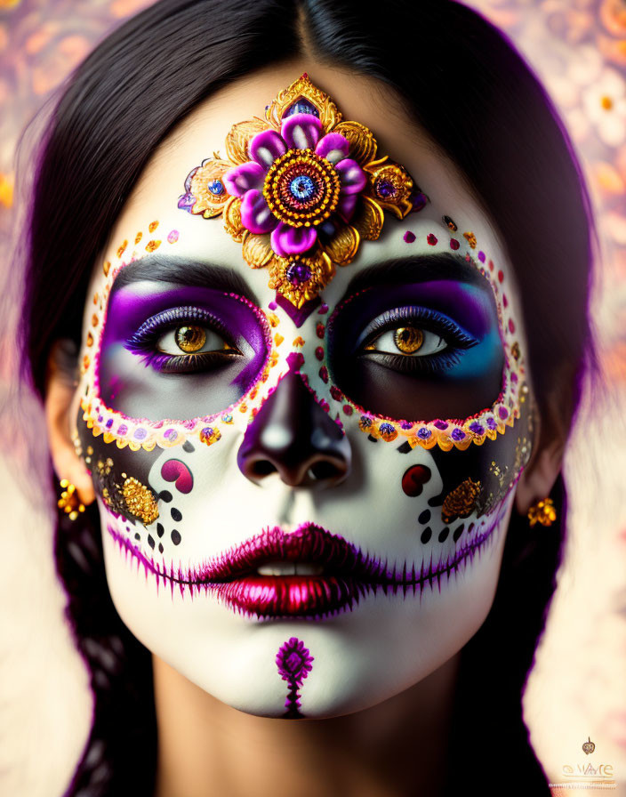 Elaborate Day of the Dead makeup with vibrant colors